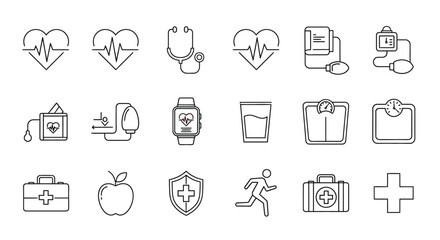 Fototapeta premium Collection of Health and Medical Line Icons - Heartbeat, Stethoscope, Blood Pressure, First Aid, Wellness Symbols.