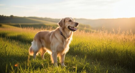 A beautiful Golden Retriever dog stands proudly in a sunlit grassy meadow during a magnificent golden hour sunset, radiating warmth and happiness
