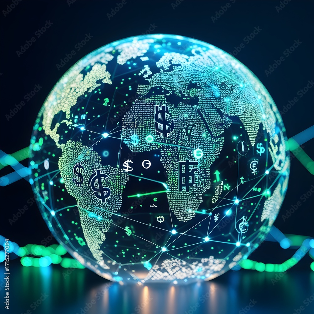 Wall mural global trade concept showing digital holographic world map with blockchain and financial network sys
