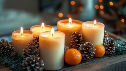 Warm holiday centerpiece with lit candles pinecones and orange accents - Powered by Adobe