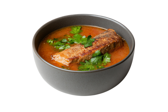 Bowl of richly flavored soup with fish and fresh cilantro garnish against a white background.