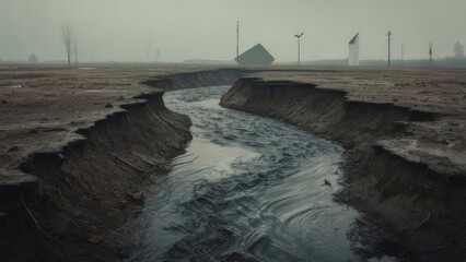 Fototapeta premium A muddy stream flows through a ravaged landscape, marked by eroded banks and a muted, overcast sky