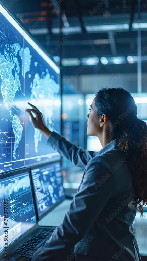 Poster professional woman interacts with large data visualization screen displaying world map and charts in