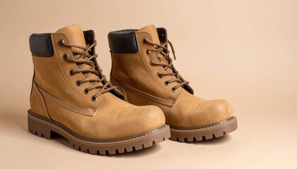 Beige Leather Boots on Wooden Table