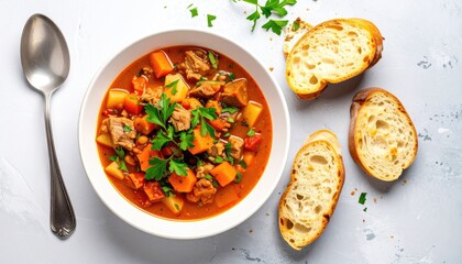 Beef Stew in Bowl with Crusty Bread