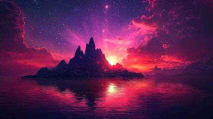 Colorful sunrise over a tranquil island landscape.