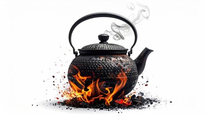 Black Cast Iron Kettle on Flaming Coals