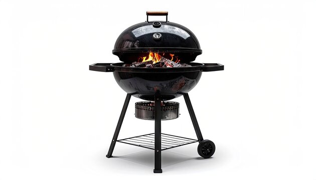 Black Kettle Charcoal Grill with Burning Coals on White Background
