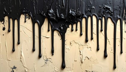 Black Ink Dripping on Beige Textured Background