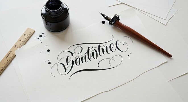 Elegant handwritten calligraphy with an oblique pen, black ink, and artist's tools on a white desk.
