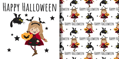 Fototapeta premium Halloween banner and seamless pattern. Little girl in Vampire costume with red cloak and bat headband holding Halloween pumpkin, black cat with bat wings, Happy Halloween text and stars