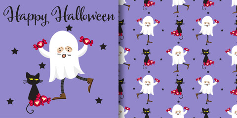 Obraz premium Halloween banner and seamless pattern. Little girl in ghost costume holding red candies, Happy Halloween text black cat and black stars on purple background.