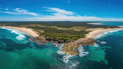 Obraz premium Coastal panorama of a peninsula. Turquoise water, sandy beach, lush green headland