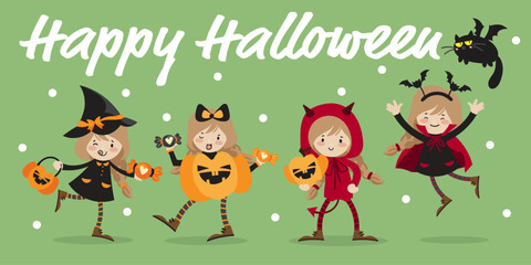 Fototapeta premium Little girl in Halloween costumes, collection of girl in witch, devil, Halloween pumpkin and vampire costumes with cute ghost, candy and black cat with bat wings. and Happy Halloween text.