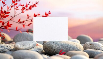 Blank White Place Card on Grey Stones with Red Leaves and Sunset Background
