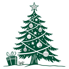 Stylized dark green christmas tree with ornaments and presents on white background festive holiday illustration