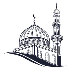Elegant islamic mosque with dome and minaret in a minimalist black and white line art style
