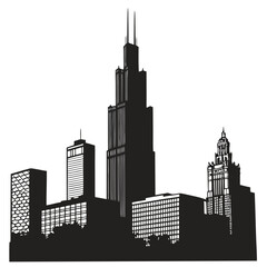 Naklejka premium Iconic chicago skyline silhouette featuring tall skyscrapers and distinctive architecture against a white background
