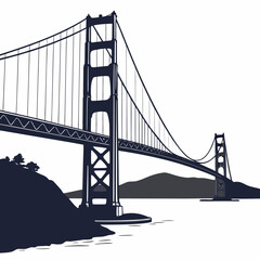 Iconic golden gate bridge silhouette against a white background with dark blue water and distant hills