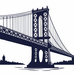 Iconic manhattan bridge silhouette against a white background with distant city skyline and water