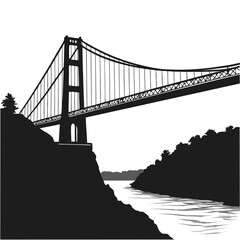 Iconic suspension bridge silhouette spanning a river between rocky tree lined shores under a bright sky