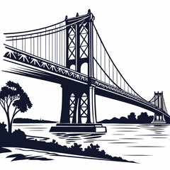Iconic suspension bridge silhouette against a white background with a tree and water in the foreground