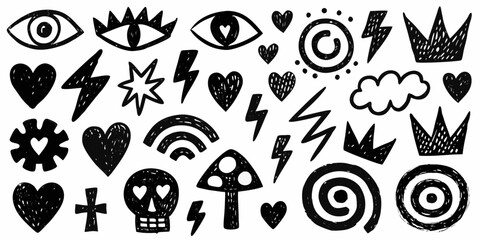 Collection of hand drawn black and white doodle icons featuring eyes hearts lightning bolts crowns and skulls