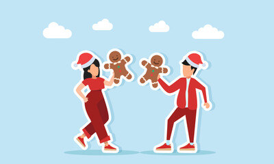 Man and woman in red outfits with Christmas hats holding gingerbread illustration of holiday celebration appreciation