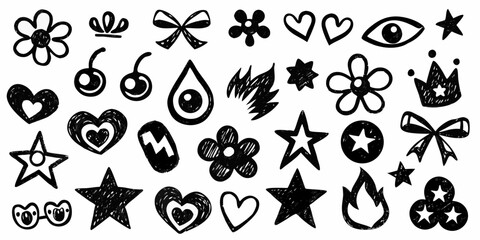 Collection of hand drawn black and white doodle icons including hearts flowers stars crowns and bows