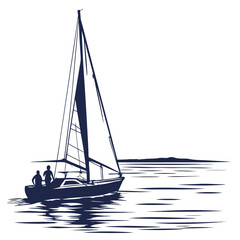 Silhouette of a sailboat with two people on board sailing on calm water with distant land on the horizon
