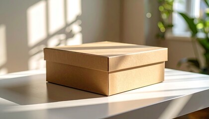 Brown Cardboard Box in Sunlight on White Table