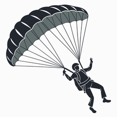 Silhouette of a skydiver in mid air with a deployed parachute against a white background
