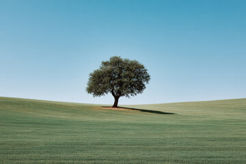Obraz premium tranquil summer landscape featuring sprawling green fields with solitary tree standing proudly