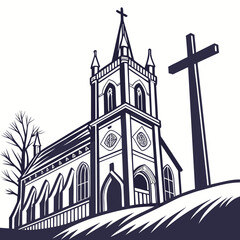 Fototapeta premium Stylized illustration of a gothic church with a tall steeple and a prominent cross on a hill