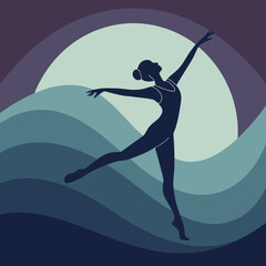 Elegant silhouette of a ballerina performing a graceful pose against a stylized wavy background