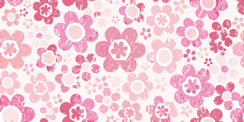 Seamless pattern of textured pink and white flowers in various sizes and shades