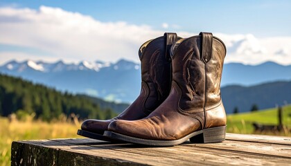 Brown Leather Cowboy Boots on Wooden Surface with Mountain Background