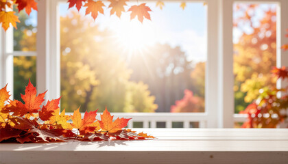 firefly Autumn background scene with red maple leaves on table with sunlight. Natural seasonal home decor for fall season, thanksgiving and holiday showroom
