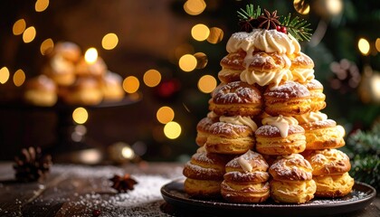 Christmas Cream Puff Tree Dessert on Dark Wooden Table