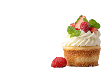 Delicious cupcake topped with cream, fresh strawberries, and mint leaves, isolated on white background.