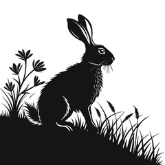 Stylized silhouette of a hare sitting in tall grass and wildflowers against a white background