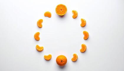 Circular Arrangement of Mandarin Orange Segments on White Background