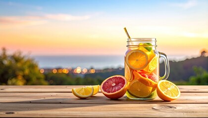 Citrus Infused Water Mason Jar Sunset Background