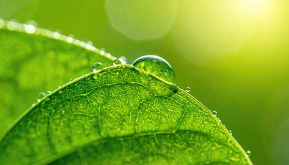 Close Up Dewdrop on Green Leaf Sunlight