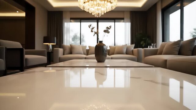 Modern living room interior with reflective marble coffee table, grey sofas, and a decorative vase under a chandelier.