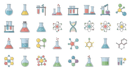 Colorful Chemistry Icons - Erlenmeyer Flasks, Beakers, Molecules, and DNA.