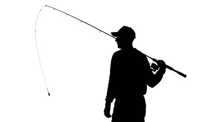 Obraz premium Silhouette of a fisherman casting a line, ready for the catch, enjoying the peace and quiet of angling outdoors