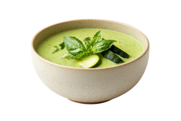 Delicious green soup garnished with fresh basil and cucumber slices in a beige bowl on a white background.