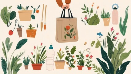 Hand holding a reusable bag with plants and gardening tools