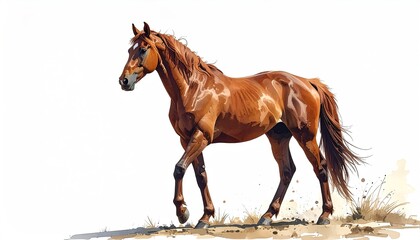 Majestic Brown Horse Walking on Ground Against White Background With Muted Colors